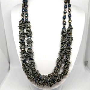 Unique Double Strand Necklace Beaded Wrapped With Metal Wire Boho